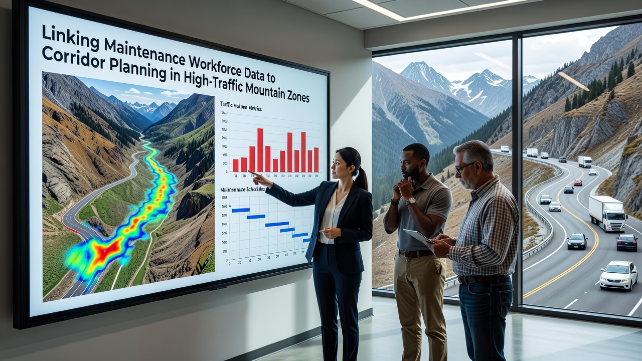 Digital mapping interface showing workforce data overlaid on mountain corridor routes